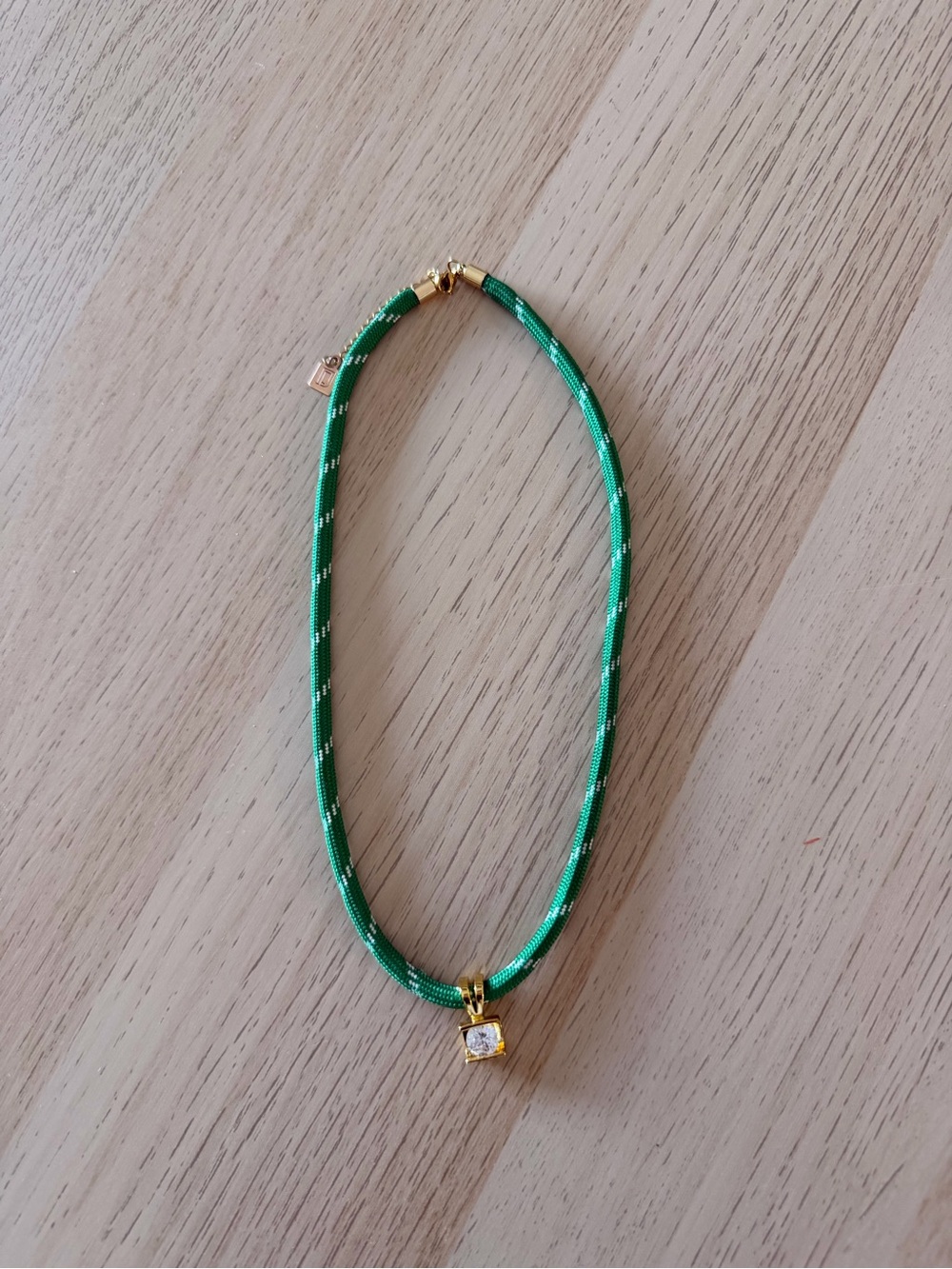 Green Cord Necklace with Gold Cubic Pendant